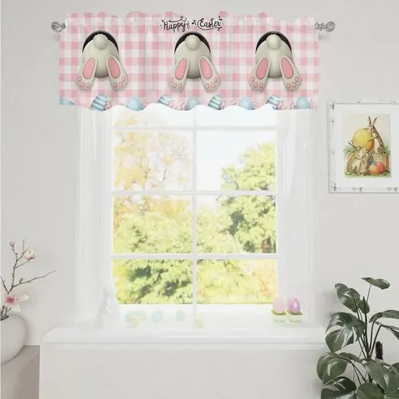 Easter Curtain Valances for Windows, Bunny Easter Eggs Floral Spring Pink Plaid - Picture 3 of 8
